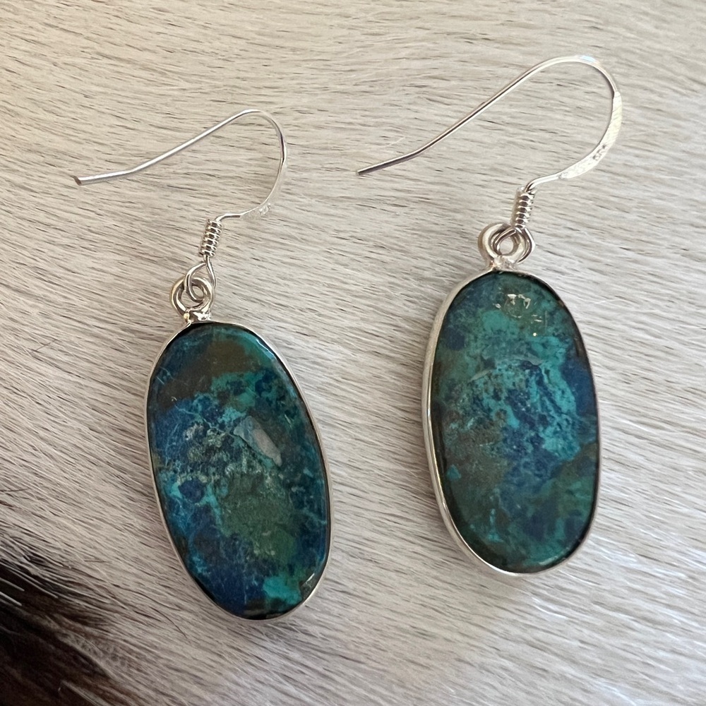 ❤️ Shattuckite Natural Gemstone Navajo Southwestern 925 Dangle Earrings 1.53”L - Picture 3 of 12